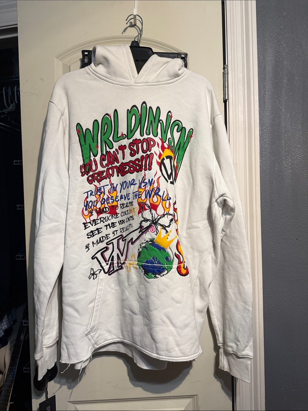 WRLDINVSN Graphic White Hoodie - Bold Multicolor Print